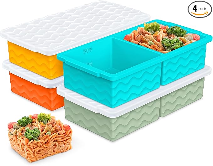 Aopigavi Silicone Freezer Tray with Lid – 2-Cup Soup Freezer Container Molds, Large Ice Cube Trays for Freezing Soup, Sauce & Broth, Meal Prep & Food Storage – Oven & Dishwasher Safe, 4-Pack 4 Color