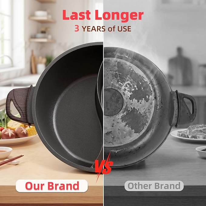 TWIN™ Electric Hot Pot with Divider | PFAS-Free Ceramic Nonstick Pot | EvenHeat Cast Aluminum Body | 1500W Fast Heating | Dual-Flavor Shabu Shabu Pots for Family Use | 1-Yr Warranty