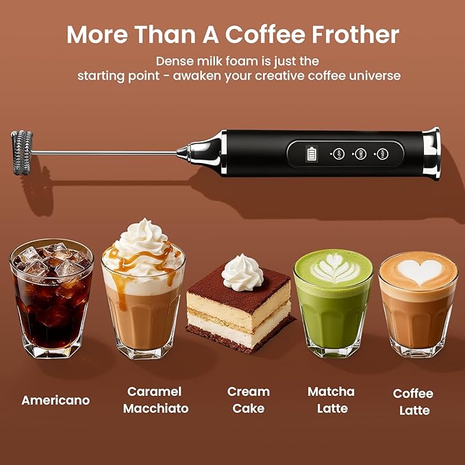 YUSWKO Milk Frother Wand for Coffee, Handheld Coffee Frother, Rechargeable Drink Mixer, Waterproof Electric Whisk, Black