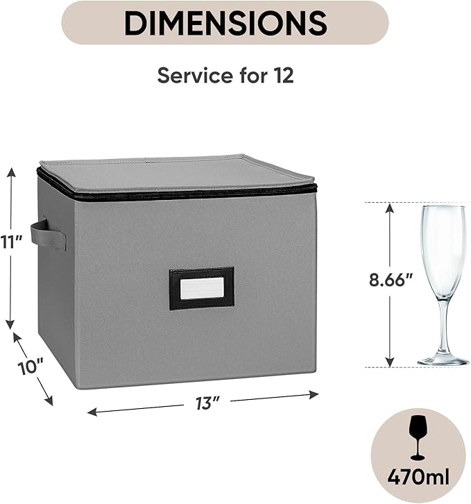 BALEINE China Storage Containers, Sturdy Quilted Wine Glass Storage, Plate Organizer with Carry Handles, Moving Boxes for Dishes, Cups, Mugs and Stemware (Champagne Flute, Hard Shell Grey)