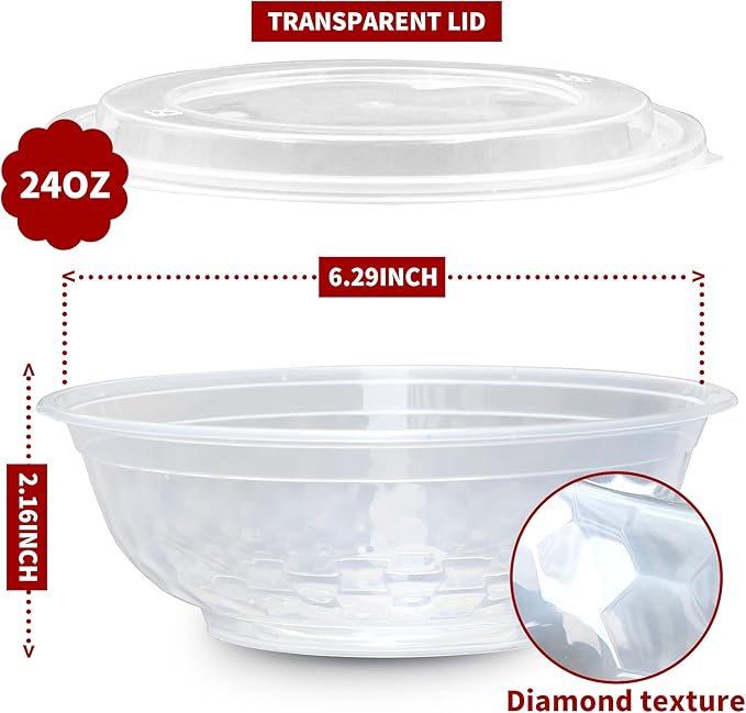 POPMISOLER 150 Pcs Stackable Meal Prep Bowl Containers, Food Takeout Bowls Reusable,Black Disposable Meal Prep Bowls With Lids. (24oz-transparent)