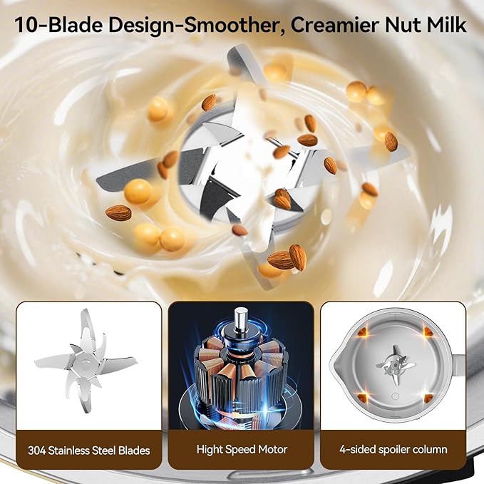 8 in 1 Nut Milk Maker Machine, 35oz（1L） Automatic Soy Bean Milk Maker with 10 Blades, Homemade Almond/Oat/Nut/Juice, Plant-Based Milk Blender, 12H Delay, Self-Cleaning, 2H Keep Warm and Boil Water