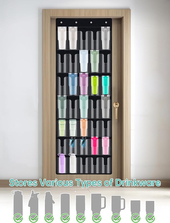 NiHome 35-Pocket Large Capacity Door Cup Organizer for Stanley Tumblers 30oz, 40oz, Door Hanging Water Bottle Storage with Double-Sided Tape Stabilizer, Waterproof Oxford Fabric, Transparent, BPA-Free