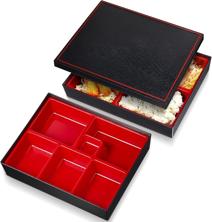 Teenyyou 2 Pcs 10.6 x 8.3 x 2.2 Inch Japanese Bento Box 6 Compartments Divided Lunch Box with Greaseproof Adult Japanese Bento Lunch Container Sushi Home Restaurant