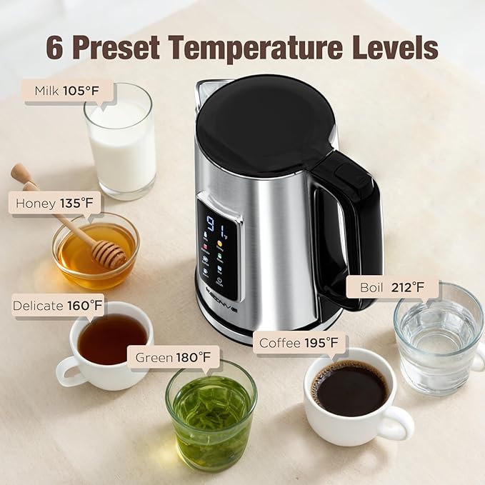KEINVE 1.7L Electric Kettle, Touch Screen Water Boiler, Auto Shut Off, Double Wall, 6 Preset Temperatures, Fast Boil, and STRIX Control