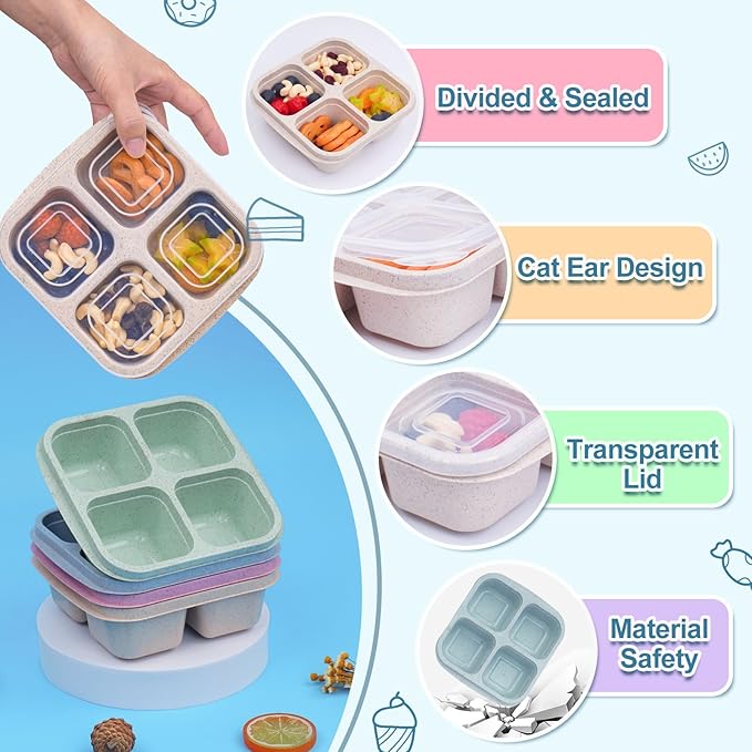 LCHLZZ 4 Pack Snack Containers, 4 Compartments Snackle Box Container, Meal Prep Reusable Lunchable Container for Adults, Microwave Dishwasher Safe, Food Storage Containers for Work Travel
