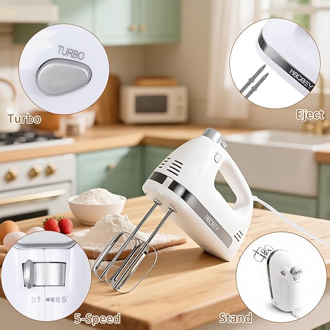450W Electric Hand Mixer, 5-Speed Handheld Mixer with Storage Case, Turbo & Eject Button, Includes 2 Beaters & 2 Dough Hooks for Baking, Cake, Egg, Cream (White)