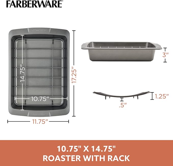 Farberware Bakeware Nonstick Roasting Pan/Roaster with U-Rack, 14.75 Inch x 10.75 Inch - Gray