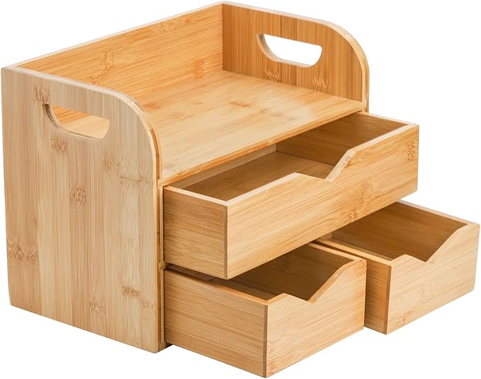 Hacaroa 3 Tier Bamboo Desktop Organizer with 3 Drawers, Tabletop Craft Box Cosmetic Storage Drawer with Handle, Portable Desk Letter Mail Sorter for Office Supply, Toiletries
