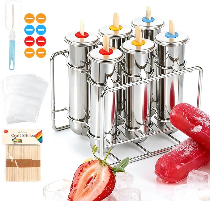 Stainless Steel Popsicle Molds Set 6 Pieces Ice Pop Maker, Homemade Popsicle Molds Maker with 50 Sticks, 20 Bags, 14 Silicone Seals, 1 Cleaning Brush and 1 Stand, DIY Ice Pop Mold for Kids (Round)