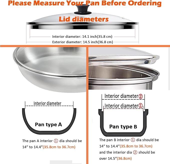 Glass lid for Large Pots and Pans, 14 Inch Cover for Replacement, Commercial Lid for Cookware, Frying Pans, Stockpot, Dishwasher safe and oven safe up to 400°F Fit Inner Dia14 to 14.4 Inch