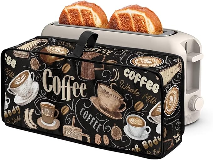 Toaster Cover 2 Slice Black Coffee Theme Cover for 2 Slice Slim Toaster Easy to Fold and Carry Small Appliance Covers, Dustproof & Water-Resistant, Easy to Clean