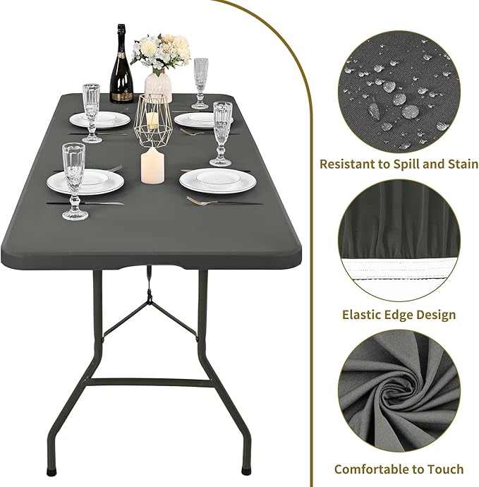 6 Pack Stretch Fabric Table Top Cap Cover, fits 8' Tables, Spandex Table Covers Washable Elastic Universal Rectangle Tablecloth Protector for Indoor Outdoor Party Picnic Wedding, Gray, 30" W x 96" L