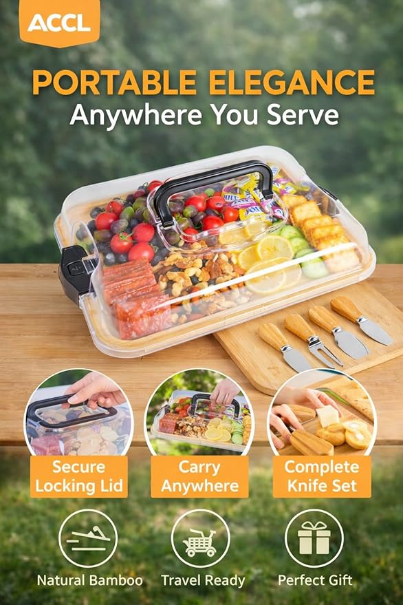 Bamboo Charcuterie Board 1-Compartment with Locking Lid, Ergonomic Handle & Knives Set - Portable Food/Cheese Serving Tray, Reversible Cutting Board for Picnic, Party & Gatherings (Pack of 12)