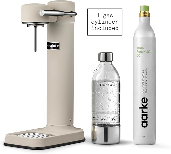 Aarke Carbonator lll with CO2 Cylinder, Sparkling & Carbonation Water Machine, Stainless Steel with PET BPA-Free Reusable Bottle Volume 1L/34 fl oz (Sand)