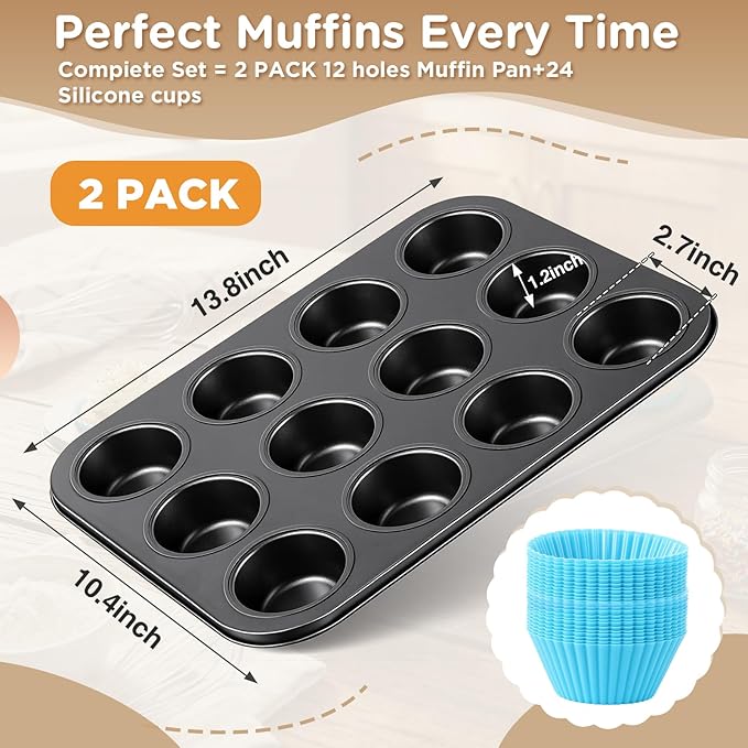 2 Set 12-cup Non Stick Carbon Steel Muffin Pan for Baking with 24 Reusable Silicone Liners, Non Toxic Cupcake Pan Muffin Tin for Easter Wedding Brownies Egg Bite, Easy to Pop(Blue)