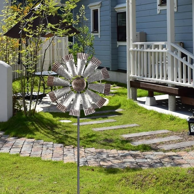 Wind Spinners Outdoor，Metal Vintage Style Single Sided Silver Windmill Kinetic Wind Spinner for Outdoor Garden Patio Yard Decor,Diameter 13 Inches