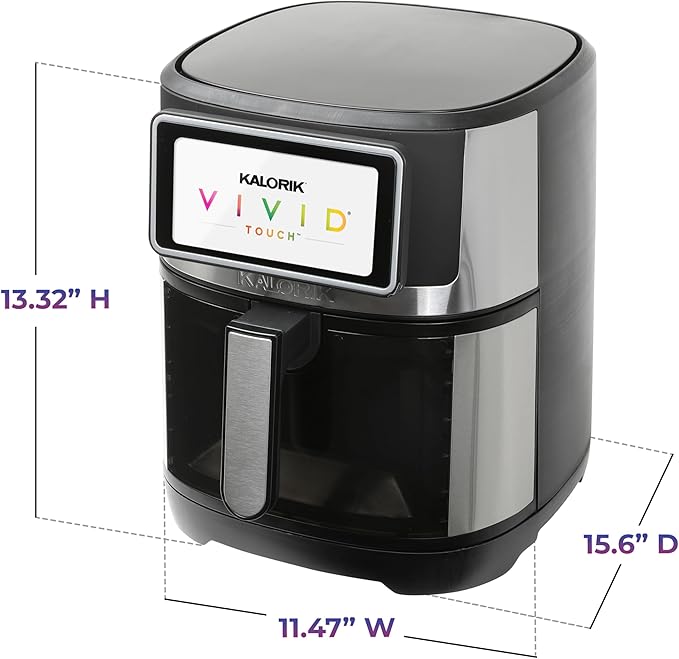 Kalorik Air Fryer VIVID TOUCH Series 7 Quart Capacity with High-Resolution Touchscreen 200 Cooking Presets in 12 Food Categories with View Window, 1500-Watts, Stainless Steel