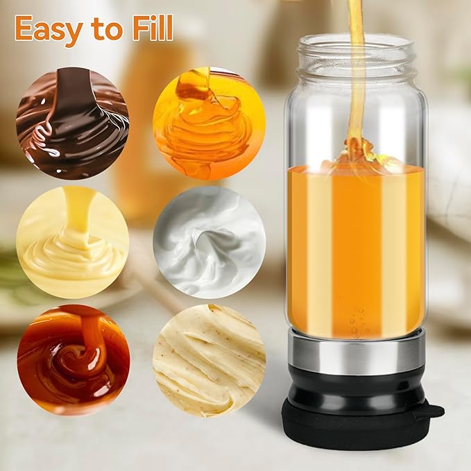 Honey Dispenser No Drip, 12 OZ Syrup Dispenser, Glass Honey Jar with Stand for Coffee, Tea, Pancake, Black