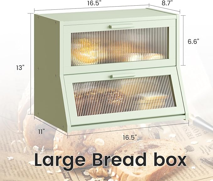 GHWIE Double Layer Bamboo Bread Box for Kitchen Counter,Large Capacity Bread Storage Bin,Bread Container with Acrylic Wavy Door Panel (Light Green, Medium)