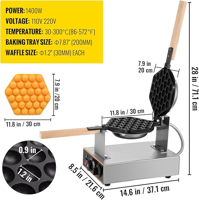 VEVOR Commercial Bubble Waffle Maker, 1400W Egg Bubble Puff Iron w/ 180° Rotatable 2 Pans & Wooden Handles, Stainless Steel Baker w/Non-Stick Teflon Coating, 50-250℃/122-482℉ Adjustable
