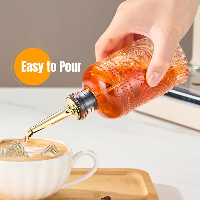 4pcs Glass Coffee Syrup Dispenser Bottles 7 OZ, Simple Syrup Bottles with Metal Pour Spout, Syrup Dispenser for Coffee Bar Accessories for Maple Honey Syrup Oil and Sauces