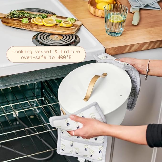 10-in-1 Electric Multi-Cooker, 6-quart, digital display, 10 cooking functions, non-stick pot, easy one-touch control (White Icing)