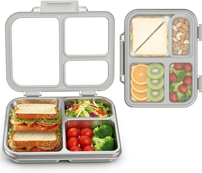Stainless Steel Bento Box for Kids, 3-Compartment Metal Lunch Box with Clear Lid & Removable Silicone, Lunch Box Kids with Silicone Inner Container for Meal Prep, School, Office (Grey)