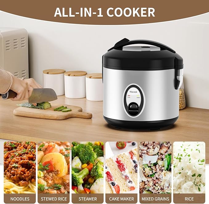 Macook Stainless Steel Rice Cooker with Steamer, 4-Cup Uncooked (1.0L)/8-Cup Cooked, Electric Grain & Vegetable Cooker, Auto Keep Warm for Oatmeal, Soups & Multicooking