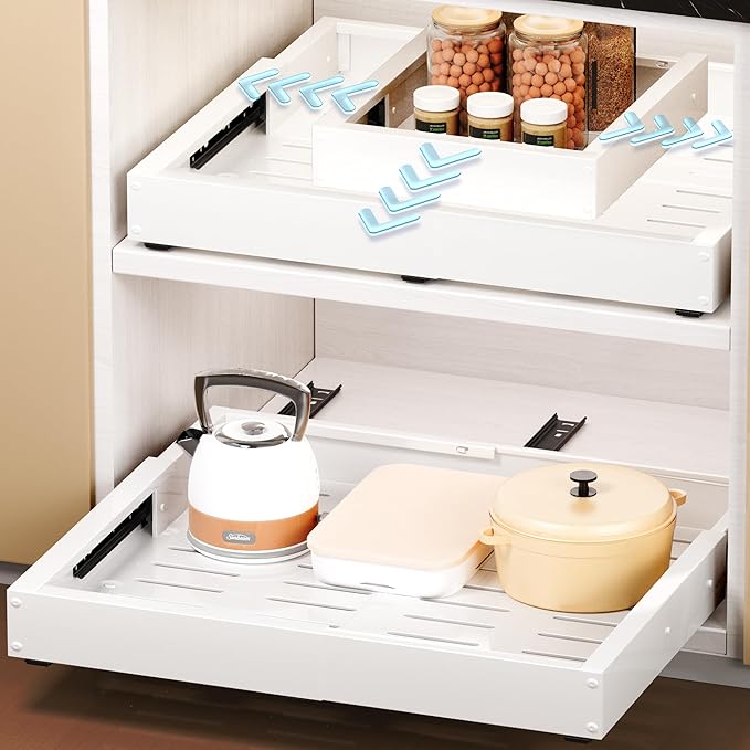 1 Pack Pull Out Cabinet Organizer, Slide Out Drawer Expandable Width (12"-19") and Depth (17"-23") With 3 Slides, Fixed with Adhesive Film and Nail for Cabinets in Kitchen, Pantry or Bathroom