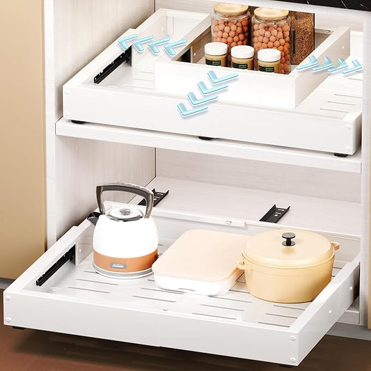 1 Pack Pull Out Cabinet Organizer, Slide Out Drawer Expandable Width (12"-19") and Depth (17"-23") With 3 Slides, Fixed with Adhesive Film and Nail for Cabinets in Kitchen, Pantry or Bathroom