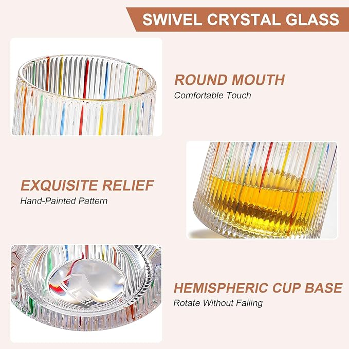 Rotatable Old Fashioned Glass Cup, 275ml/10oz Crystal Whiskey Glass Set of 2, Wood Coaster, Thickening, Used as Rum Glass Cup, Cocktail, Coffee, Milk to Relax and Reduce Stress, Christmas gifts