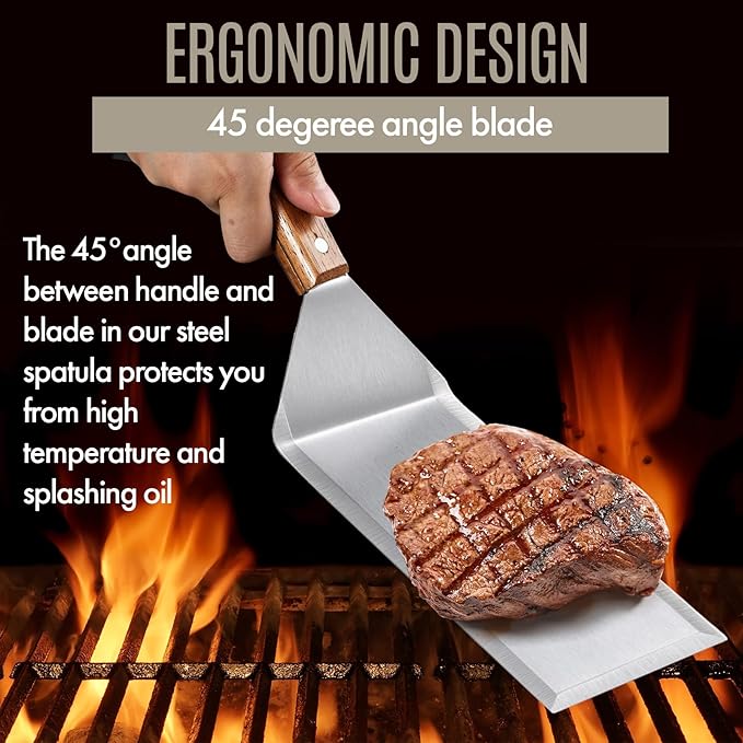 Professional Stainless Steel Extra Long Griddle Spatula with Wood Handle for Skillets,Thick Steel Blade Griddles & Pancake Flipper for Burgers, Omelet, and Versatile for Culinary Task, 8 x 4 inches