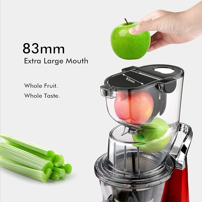 SIFENE Cold Press Slow Masticating Juicer Machine, Juice Extractor for Vegetables & Fruits, Dual Mouth 83mm Wide Chute, High Juice Yield, BPA Free, Easy-Clean, Compact Stylish Red Design
