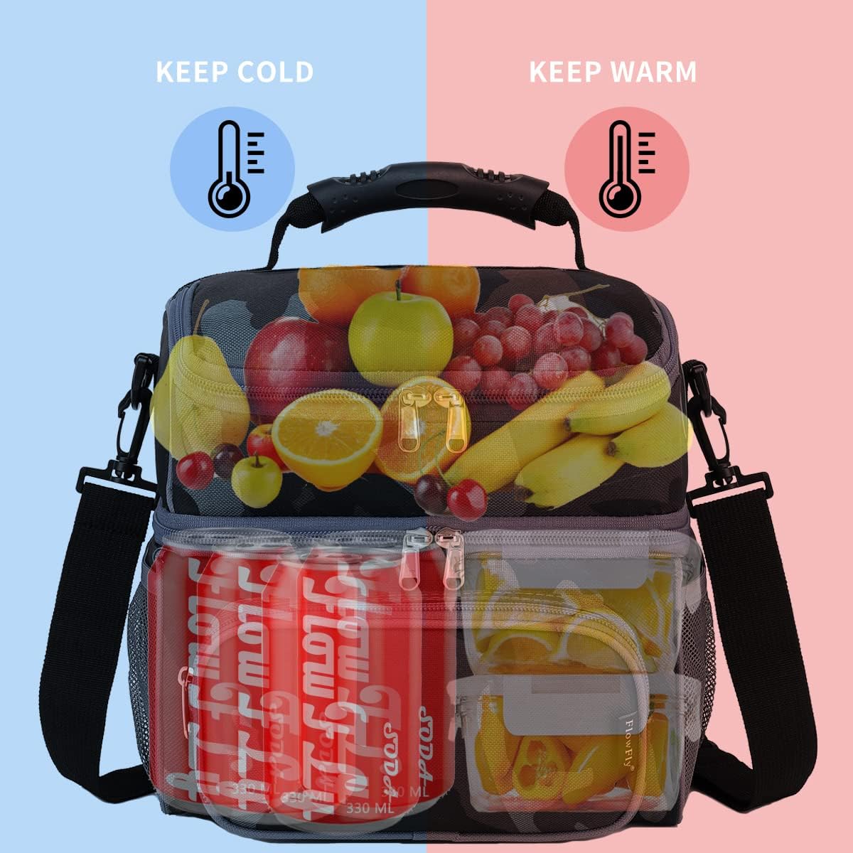 FlowFly Double Layer Cooler Insulated Lunch Bag Adult Lunch Box Large Tote Bag for Men, Women, With Adjustable Strap,Front Pocket and Dual Large Mesh Side Pockets