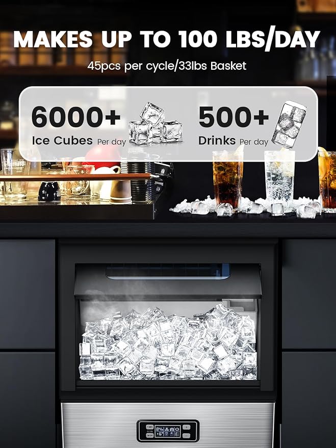 Electactic Commercial Ice Maker Machine,100lbs/24H Stainless Steel Ice Machine,33lbs Storage, Auto Self-Cleaning Freestanding Ice Maker, Ice Machine Freestanding for Bar/Cafe/Restaurant-Dark Silver