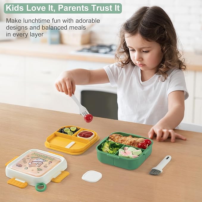 Bento Box for Kids & Adults – Cute Cartoon 2-Layer Lunch Box with Fork, Sauce Cup & Brush, BPA-Free, 3-Compartment Square Snack Container with Handle for School, Office, or Travel (Green)