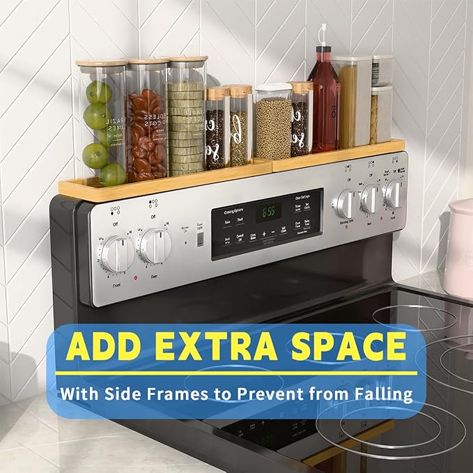 PEKER Magnetic Stove Top Shelf for 30" Stoves, Over Oven Shelf Above with Bamboo Spice Rack Organizer, Heat-Resistant, Space-Saving Solution for Kitchen Storage