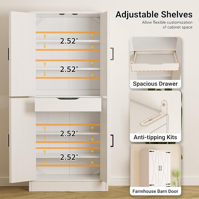 Unikito Kitchen Pantry Cabinet with Farmhouse Barn Doors and Storage Drawer, 8 Adjustable Shelves, Freestanding Tall 71" Cupboard for Dining Room, Living Room, Utility Room, White, 2 Pack