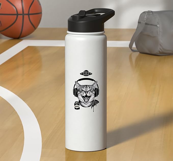Cat With Headphones Milk Pizza Retro Alien Nostalgia Stainless Steel Insulated Water Bottle