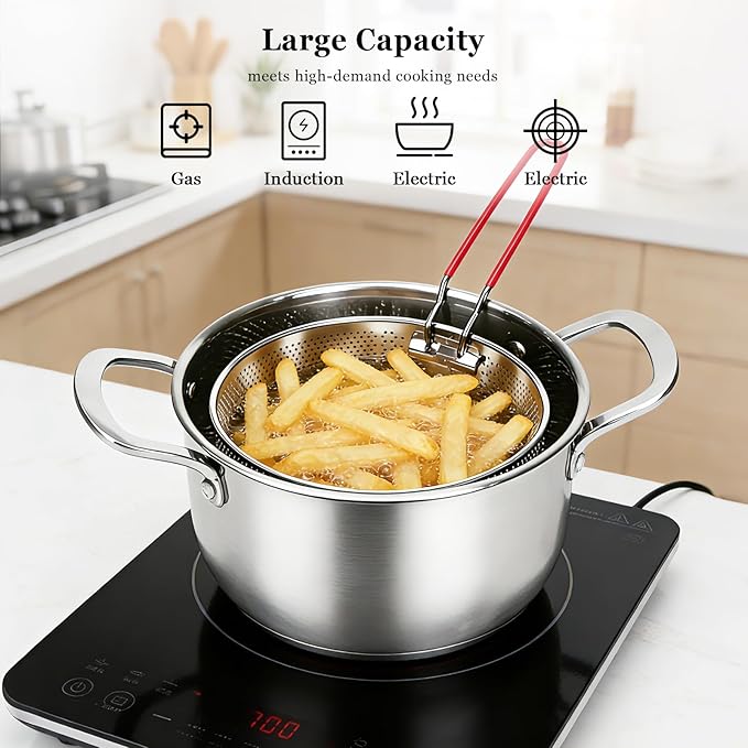 Deep Fryer Pot with Basket, 4.0L/4.2QT 304 Stainless Steel Standard Capacity Multi-function Cooking Pot with Strainer Basket, Anti-scald Handle, Egg Steamer Rack and Lid for Kitchen Camping