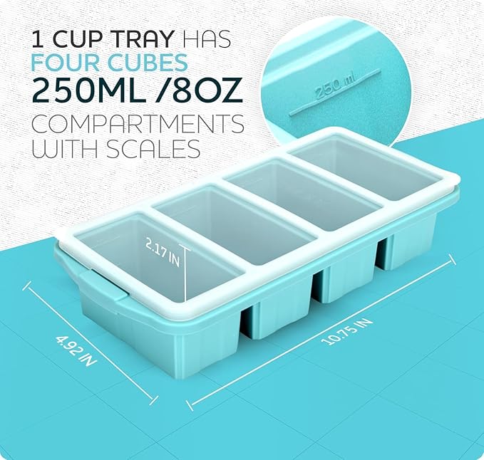 Silicone Freezer Tray With Lid - Soup Freezer Container Molds Set Makes 2-Cup & 1-Cup 1/2-cup Portions Cubes Perfect for preparing meals in different Portion Sizes Oven & Dishwasher-Safe