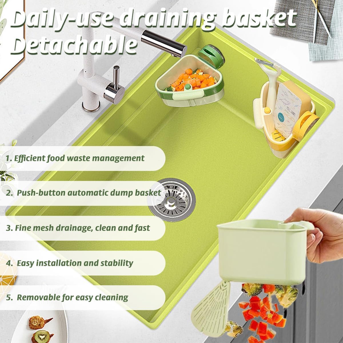 Suction Cup Sink Corner Rack, 2025 Upgraded Self-Cleaning Sink Strainer Basket, Removable Food Waste Catcher with Drain Hole, Say Goodbye to Gross Food Scraps and Smelly Sinks (Yellow)