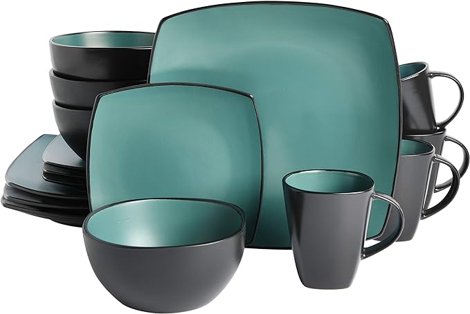 Gibson Elite Soho Lounge Square Reactive Glaze Stoneware Dinnerware Set, Service for 4 (16pc), Matte Jade