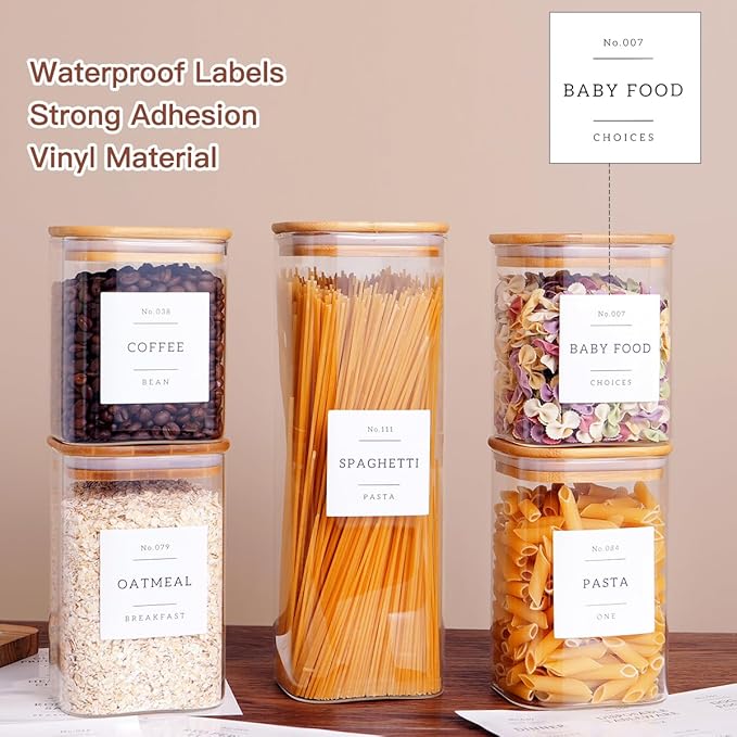 CZZGSM 5 Pack Square Glass Pantry Storage Containers with 132 Kitchen Food Pantry Labels - Clear Glass Jars with Airtight Wood Bamboo Lids - Glass Canisters for Cookies, Nuts, Cereal