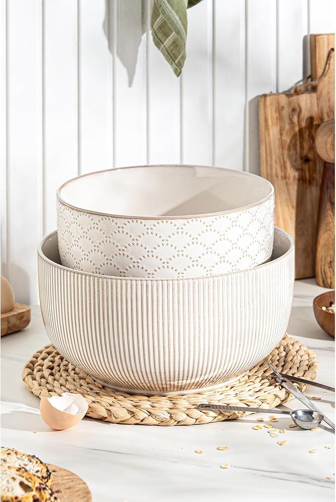 Mikiegy Ceramic Mixing Bowls Set of 2, Nesting Ceramic Embossment Stoneware Mixing Bowls for Cooking, Serving, Popcorn, Salad etc, Microwave & Dishwasher Safe, 98/145 oz, Off-White