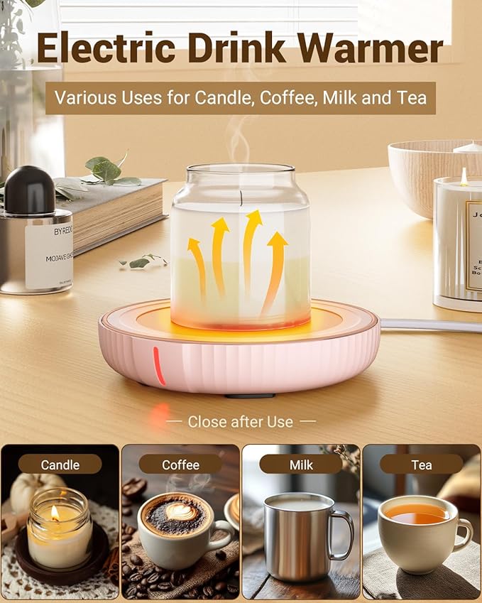 HouseGem Large Candle Warmer Plate - Coffee Cup Mug Warmer for Desk, Candle Melter, Electric Mug Heater for Beverages, Milk & Tea, Coffee Accessories Ideal Gifts Keep Cup Warm (Pink)