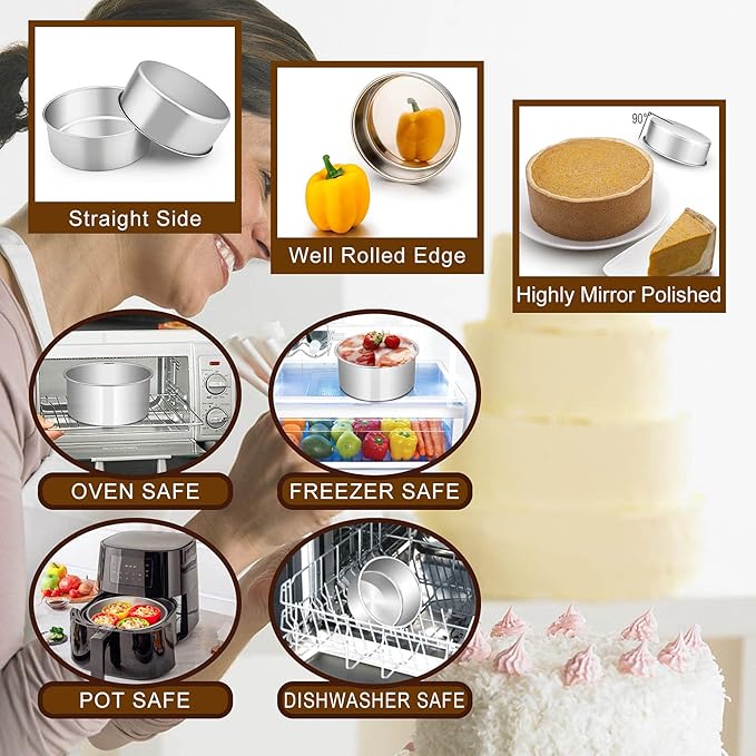 E-far Deep Cake Pan Set of 3 (6 inch/8 inch/9½ inch), Stainless Steel Round Layer Cake Baking Pans, Metal Tier Cake Tins for Wedding Birthday, Leak Proof & Straight Side, Non-toxic & Dishwasher Safe