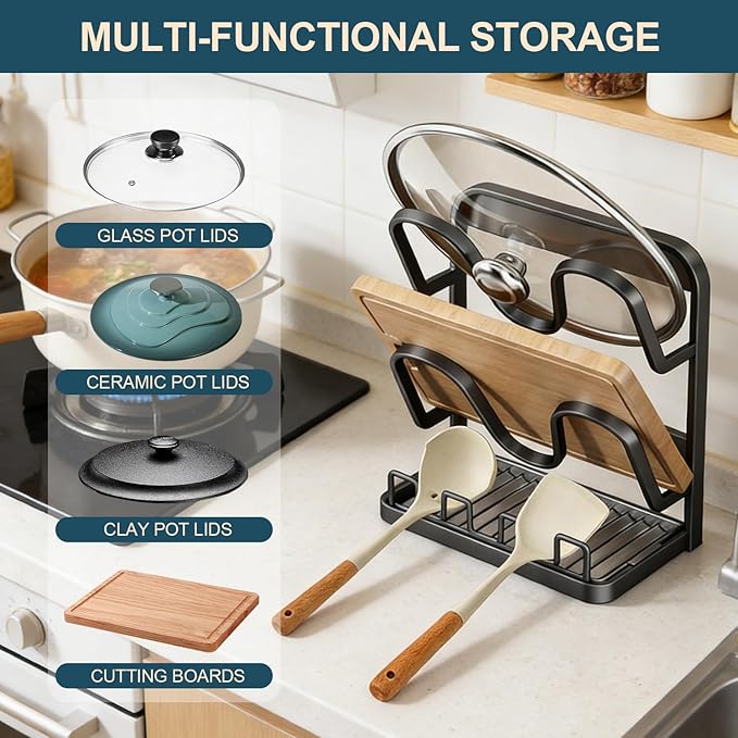 Kitchen Pot Lid Storage Rack: Carbon Steel Double-Layer Holder & Spoon Rest with Removable Drip Tray, Pot Cover Holder While Cooking, Pot Lid Organizer for Kitchen Counter Space Saving(Gray)