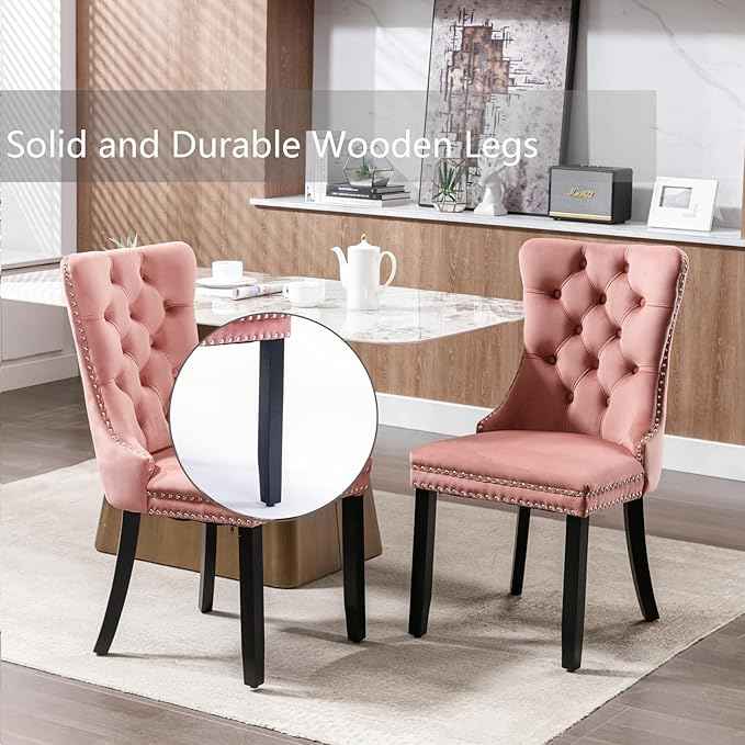 Pink Velvet Dining Chairs Set of 6, Upholstered Dining Room Chairs with Back Ring Pull Trim and Solid Wood Legs, Tufted Wingback Kitchen Chairs for Dining Room,Living Room,Kitchen(Pink)